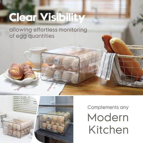 Miniatura 3 de Sea Team Soporte para huevos de plástico transparente para refrigerador, contenedor apilable para huevos con 2 bandejas extraíbles, dispensador