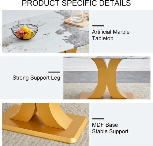 Miniatura 6 de A Modern Minimalist Dining Table. Imitation Marbled Glass Tabletop. Gold Table Legs for Kitchen and Living Room