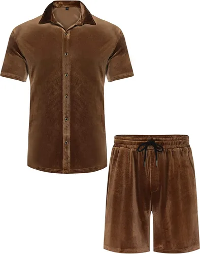 Miniatura 75 de LecGee Conjunto de pantalones cortos casuales de verano para hombre, camisa de terciopelo de manga corta con botones, pantalones cortos de cintura