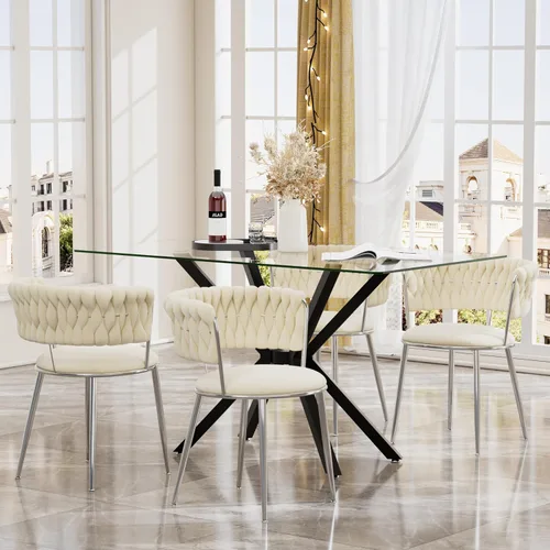 Miniatura 31 de Juego de mesa de comedor de cristal negro de 47 pulgadas para 4, juego de mesa de cocina minimalista moderno y 4 sillas de comedor de terciopelo