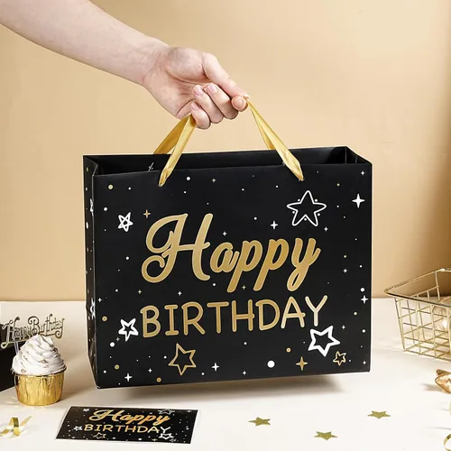 Miniatura 6 de WRAPAHOLIC Bolsa de regalo de cumpleaños grande de 13 pulgadas con tarjeta y papel de seda, bolsas de papel con letras de estrella negra y feliz