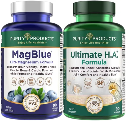 Purity Products MagBlue + Ultimate H.A. - MagBlue (tamponado con quelato de bisglicinato de magnesio + vitamina D3 + arándanos orgánicos + más) -