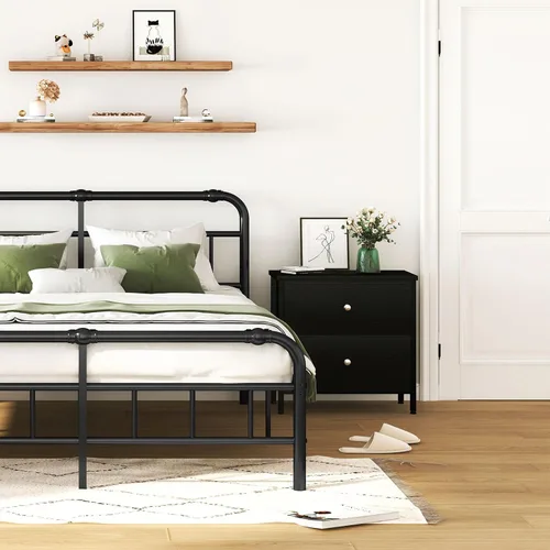 Miniatura 2 de BOLUO Mesita de noche negra cómoda de 2 cajones para dormitorio, mesita de noche pequeña mesa auxiliar con cajones de tela, moderna