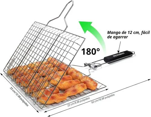 Miniatura 3 de Cesta para asar pescado, plegable, portátil, de acero inoxidable, para pescado, verduras, camarones con mango extraíble, viene con cepillo