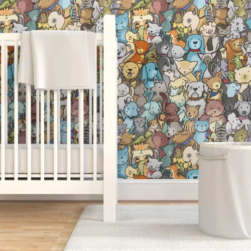 Miniatura 6 de Muestra de papel tapiz extraíble – Perros de rescate de mascotas animales lindos dibujos animados cuarto de niños gatos adoptar habitación