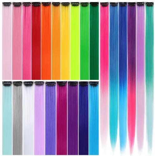 Miniatura 15 de Paquete de 12 extensiones de cabello de colores arcoíris, mechones para fiestas, 22 pulgadas, extensiones de cabello coloridas con clip, mechones