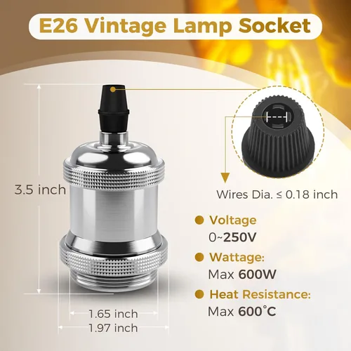 Miniatura 2 de DiCUNO E26 Enchufe de lámpara Edison vintage, portalámparas colgante retro, reemplazo de portalámparas, aspecto antiguo para iluminación industrial
