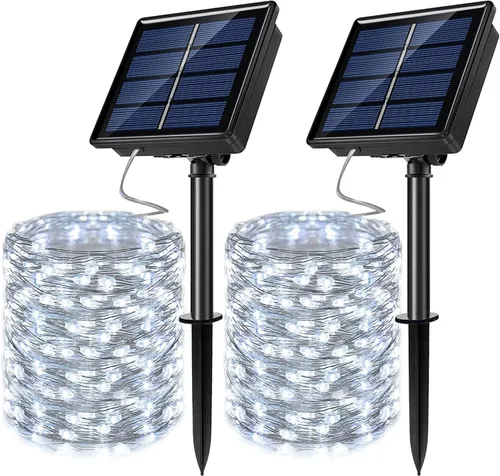 Miniatura 10 de Guirnalda de luces LED con energía solar actualizada, 8 modos, resistente al agua, IP65, iluminación intermitente, para interior y exterior, Blanco