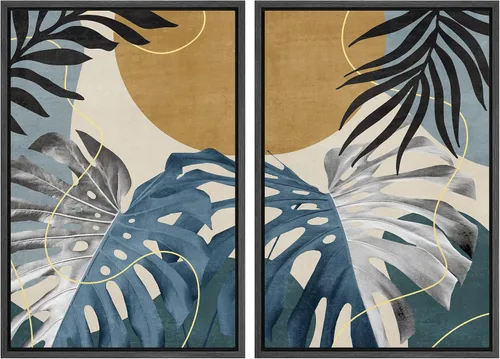 Miniatura 32 de SIGNFORD Lienzo enmarcado para pared, juego de arte con hojas de palmera de selva, polígonos geométricos, formas abstractas, ilustración, arte