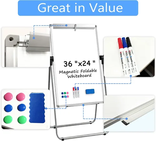 Miniatura 6 de KIZZBY Pizarra blanca de doble cara con soporte, 36 x 24 pulgadas, caballete magnético portátil, soporte en U, altura ajustable y rotación de 360°