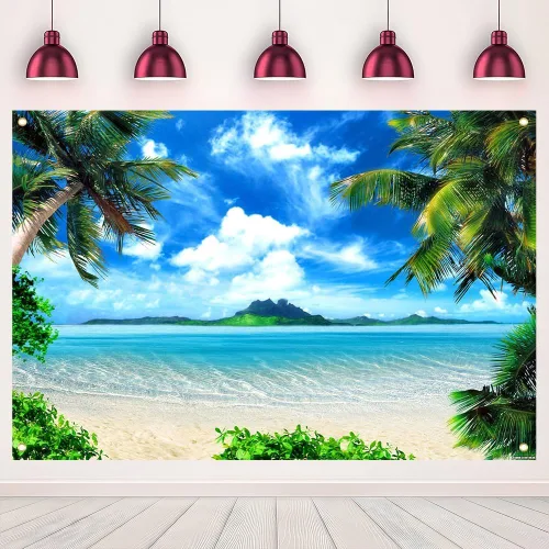 Miniatura 7 de Fondo de Fotografía Tropical Hawaiano Playa Palmera Cielo Azul y Nubes Blancas Decoración de Fiesta de Boda Telón de Fondo de Fotografía 5x3 pies