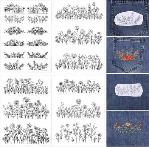 Miniatura 8 de 4 hojas de patrones de bordado estabilizador soluble en agua, bordado de puntada de palo, papel floral, diseños de margaritas, estabilizador