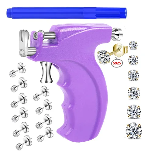 Miniatura 9 de Kit profesional de pistola de perforación de oreja con 6 pares de aretes de plata de ley S925 (chapado en oro amarillo de 18 quilates) + 10 pares