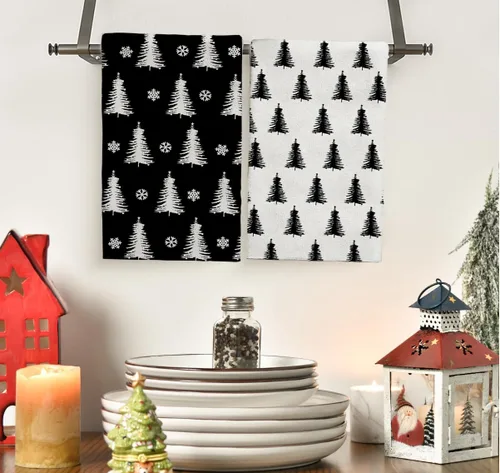 Miniatura 2 de Juego de 2 toallas de mano para árbol de Navidad, color blanco y negro, juego de 2 toallas de baño absorbentes de copos de nieve, toallas