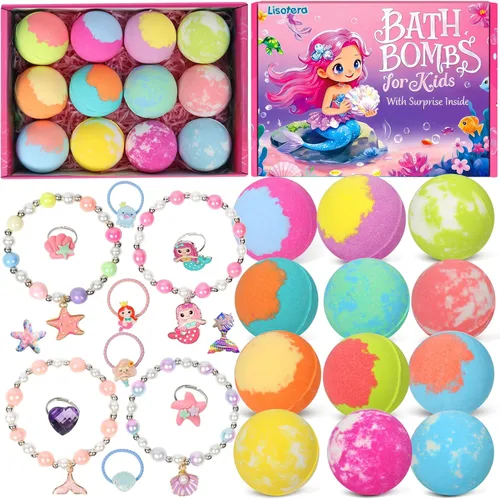 Bombas de baño para niñas con juguetes en el interior para niños, 12 piezas de bomba de baño de burbujas de princesa sirena natural con joyería