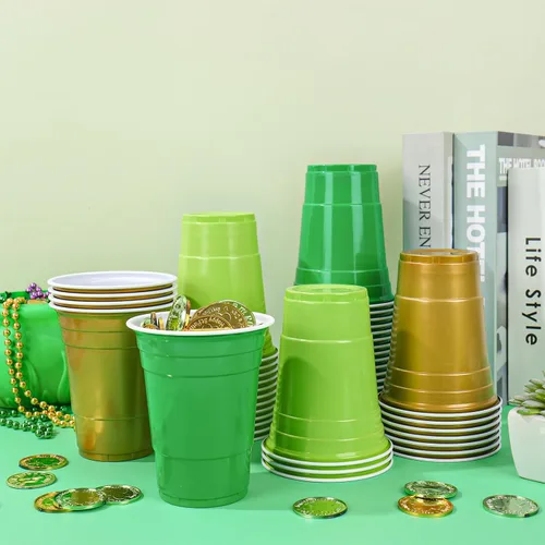 Miniatura 3 de Whaline 60 vasos de plástico para el Día de San Patricio de 16 onzas, vasos desechables de oro verde para fiestas irlandesas, suministros de fiesta