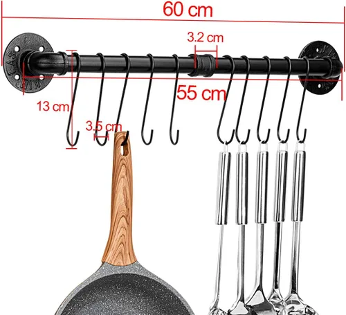 Miniatura 2 de Toplife Riel de ollas de 23.7 pulgadas, organizador de utensilios de cocina montado en la pared con riel colgante desmontable para sartenes y tapas