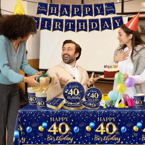 Miniatura 2 de Decoración de 40 cumpleaños para hombres - Juego de 142 piezas de vajilla de cumpleaños azul marino y dorado (sirve para 20) Incluye pancarta