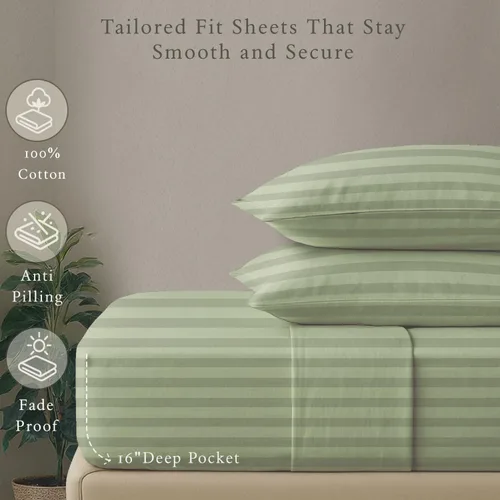 Miniatura 5 de Threadmill Juego de ropa de cama de algodón de lujo de 500 hilos tamaño Queen de 4 piezas, sábanas suaves y sedosas de color verde salvia con Rayas