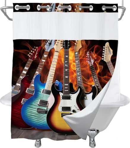 Miniatura 16 de Juego de cortinas de ducha musicales de tela con ojales y ganchos, 36 pulgadas de ancho x 72 pulgadas de alto, color marrón, blanco, azul