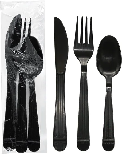 Party Essentials Kits de utensilios de plástico resistentes envueltos individualmente, 50 juegos para catering de fiestas, tenedor/cuchara/cuchillo,