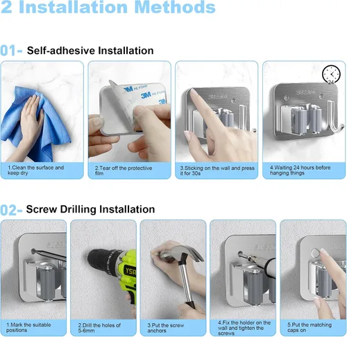Miniatura 6 de Paquete de 2 soportes de pared para escobas, organizador de trapeador de acero inoxidable 304 con ganchos, sin adhesivo para taladro e instalación
