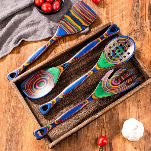 Miniatura 8 de Gudamaye Pakkawood - Utensilios de cocina de madera de 7 piezas, cucharas de madera para cocinar, utensilios de cocina de madera de Pakkawood