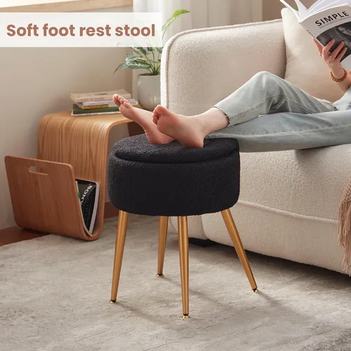 Miniatura 8 de Taburete silla de tocador pequeño con almacenamiento y respaldo plegable, 4 patas de metal con pies antideslizantes, otomana redonda con asiento