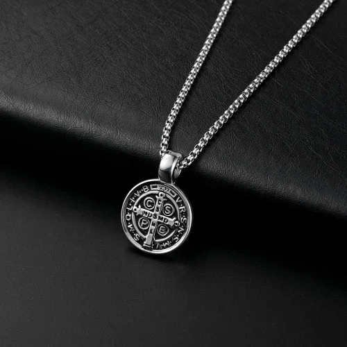 Miniatura 9 de Collar con colgante de medalla de exorcismo de San Benito para hombre acero inoxidable cruz católica romana protección de demonio joyería religiosa