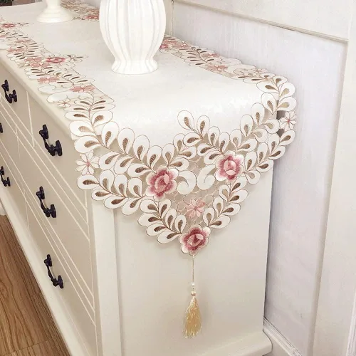 Miniatura 9 de Arzoe Camino de mesa de encaje con flores europeas vintage, corredores elegantes, decoración de mesa de armario y comedor (borgoña, 16×59 pulgadas)