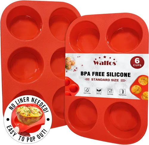 Walfos Molde de silicona para magdalenas – Molde de silicona antiadherente para magdalenas de 6 tazas, ¡solo tienes que sacarlo! Tazas para hornear