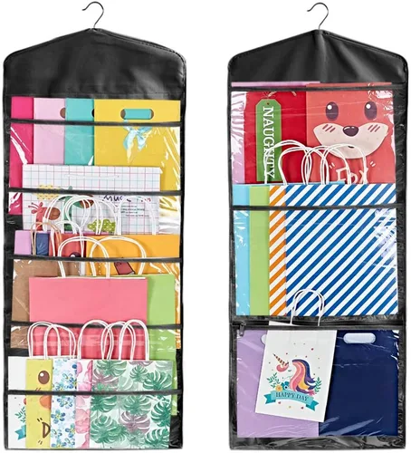 Miniatura 12 de Bolsa de regalo y almacenamiento de papel de seda, organizador colgante con múltiples bolsillos delanteros y traseros de doble cara, organiza papel