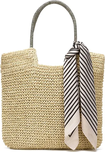 Rejolly Bolso de mano de paja para mujer, para playa, verano, vacaciones, estilo bohemio, de ratán, bolso grande de hombro tejido