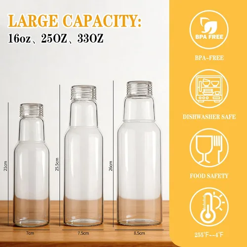 Miniatura 2 de Botellas de agua de vidrio con tapas, botellas de jugo de vidrio de 16 onzas, vasos resellables, tarros de vidrio transparente para almacenamiento