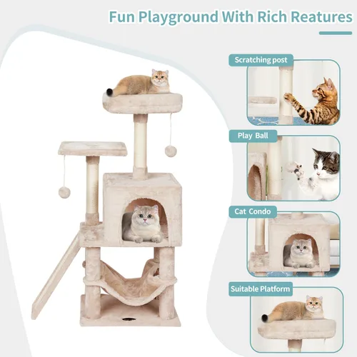 Miniatura 3 de Linda torre de árbol para gatos de interior con poste rascador para actividades modernas, hamaca colgante de bola con tabla beige