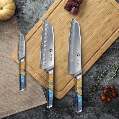 Miniatura 6 de Juego de cuchillos de cocina de 3 piezas, juego de cuchillos de chef japoneses con núcleo de acero en polvo S35VN, mango de resina y madera, juego