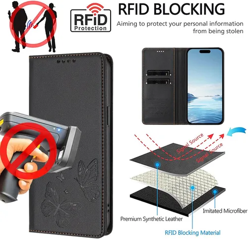 Miniatura 9 de Butterfly Embossed Leather Wallet Flip Case for Motorola Moto E22i 4G, Magnetic Closure, RFID Blocking Cover, Card Holder Black.