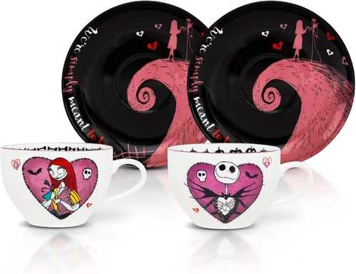 The Nightmare Before Christmas Disney Jack & Sally Bone - Taza de té y platillo de porcelana, juego de 2 | Fiesta de té con café, expreso, moca