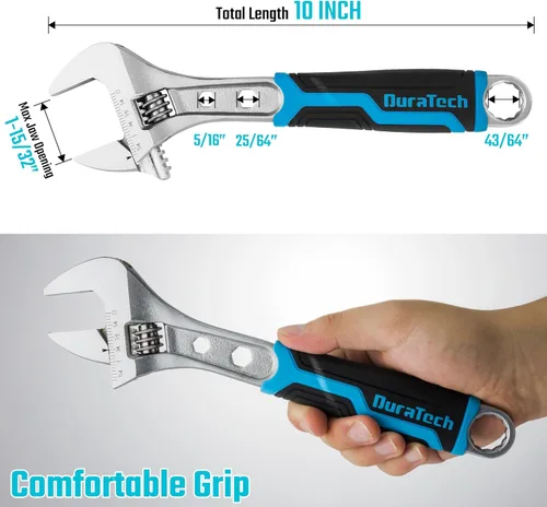 Miniatura 5 de DURATECH - Llave ajustable de 10 pulgadas, llave combinada 3 en 1 con extremo en caja/función hexagonal, acero CR-V, escalas métricas y SAE