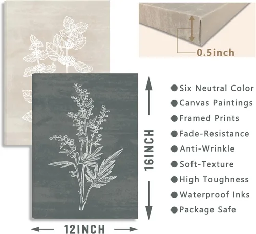 Miniatura 8 de BINCUE Lienzo de plantas botánicas neutrales, 6 piezas, arte de pared rústico, pinturas de pared de granja, impresiones botánicas de plantas