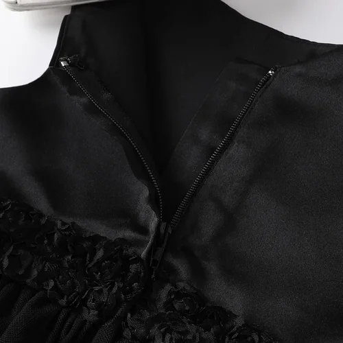 Miniatura 5 de OPAWO Vestido negro para niña pequeña, dama de honor, 3D, tul de encaje, vestido de princesa de satén, vestido de fiesta, concurso, funerario