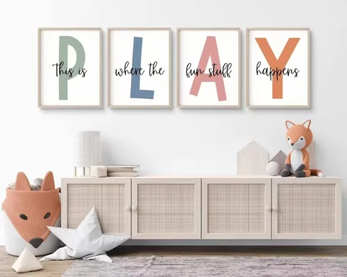 Arte de pared para sala de juegos para niños, decoración de pared para habitación de niños, impresión en lienzo para sala de juegos para bebés,