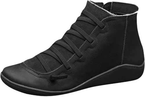 Miniatura 4 de Gibobby Botines de tacón plano para mujer, botas de tobillo con soporte de arco, botas de amortiguación con cordones y cremallera lateral
