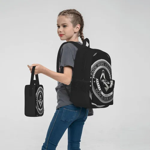 Miniatura 7 de SWEET TANG Mochila escolar para estudiantes, con logotipo masónico de Fe, Esperanza y Caridad, Masón, Negro, Viaje, Senderismo, Gran Capacidad