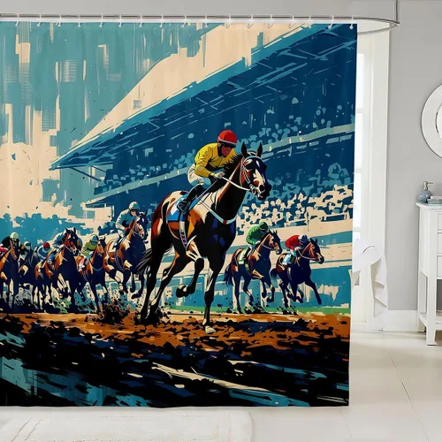 Castle Fairy Horse Racing Fabric Shower Curtain,Horse Game Shower Curtains for Bathroom,Watercolr Art Painting Waterproof Shower Curtain,Blue 72" W