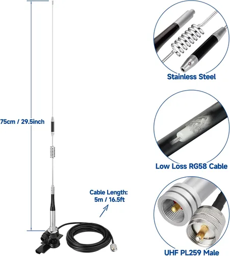 Miniatura 2 de Bingfu Antena de radio móvil de radioaficionado VHF UHF 136-174MHz 400-470MHz Radio aficionado Radio de dos vías Antena de radio con soporte fijo