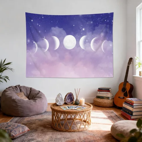 Miniatura 5 de HVEST Tapiz de fase lunar para colgar en la pared, cielo morado con nubes, estrellas, decoración de pared celestial, paisaje natural, decoración