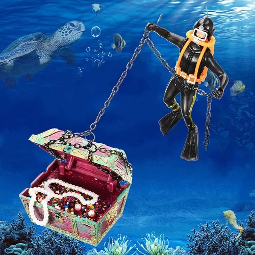 Miniatura 6 de Mesee Decoración de Acuario Buscador de Tesoros Creativo, Ornamento de Pecera Paisaje Submarino Caza del Cofre del Tesoro Buzo Decoración Operada