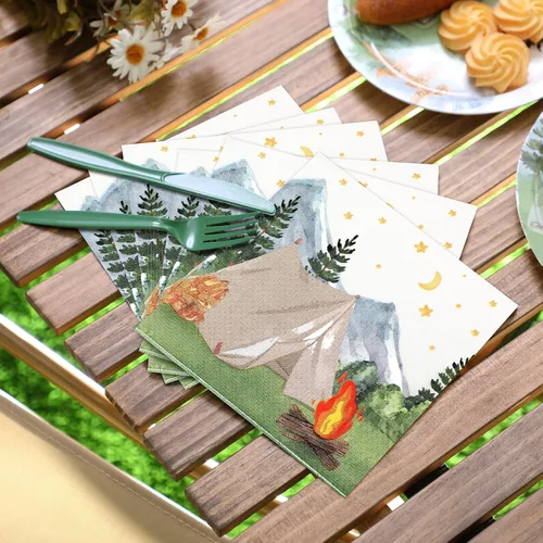 Miniatura 5 de Nefelibata Servilletas de papel para campamento con decoración de cumpleaños, servilletas de papel con acuarela, tienda de campaña de acuarela