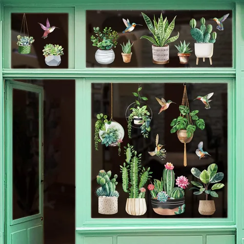 Miniatura 2 de Wondever Pegatina de cristal de colibríes, cactus botánico tropical, plantas colgantes, anticolisión, doble cara, estáticas para ventana